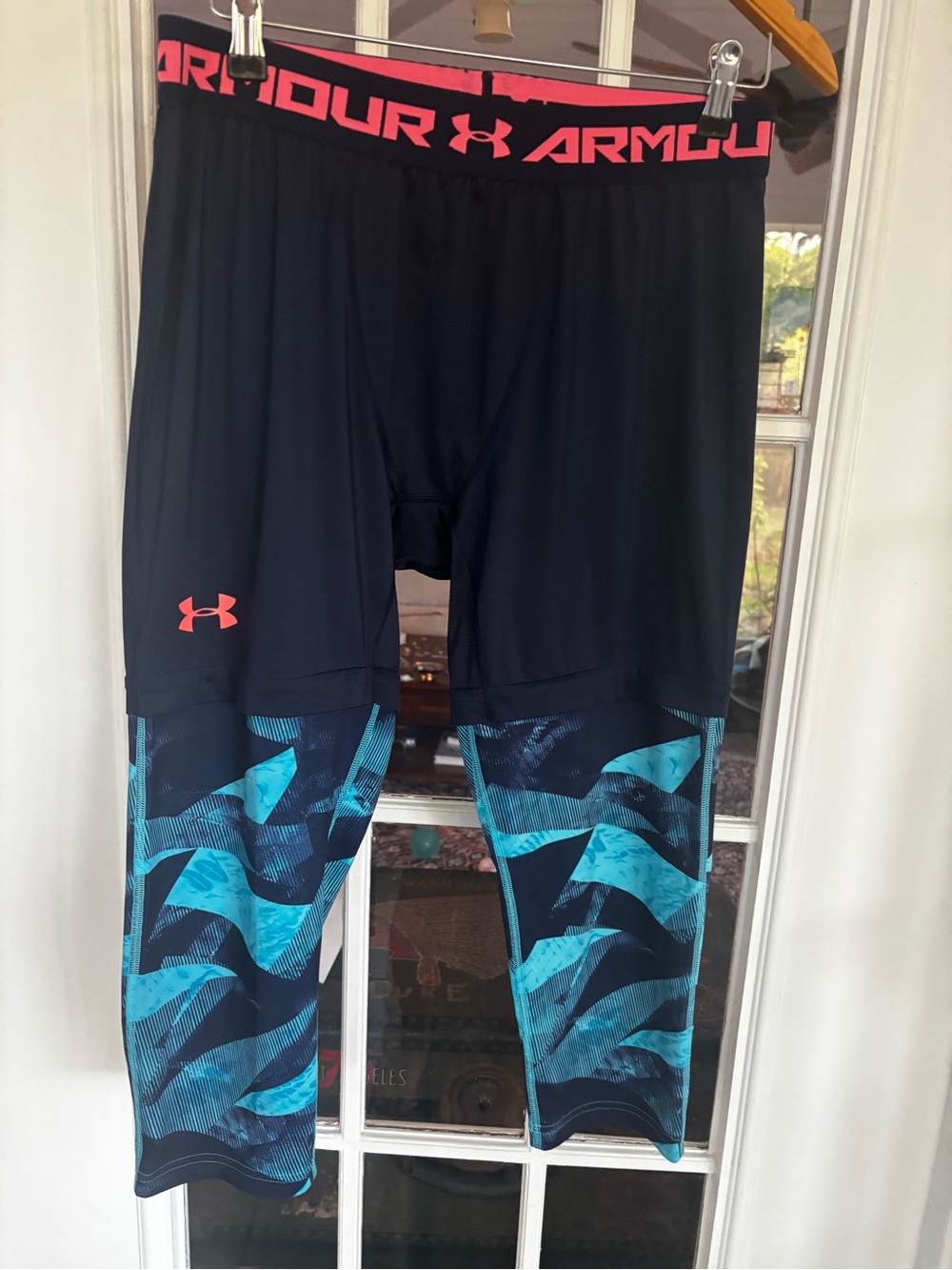 Under Armour Black Leggings with Coral Waistband and Teal Accents